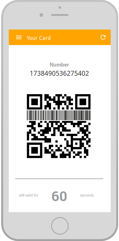 The image shows the main screen of the wunderbon app. Here you can see the QR code that represents the encrypted and signed part of the communication. Through the encryption and the special exchange, we ensure that you are completely anonymous to the merchant (even according to DSGVO). You always have the possibility to activate the loyalty program of your favorite merchant to benefit from personal top discounts. You remain in full control at all times.